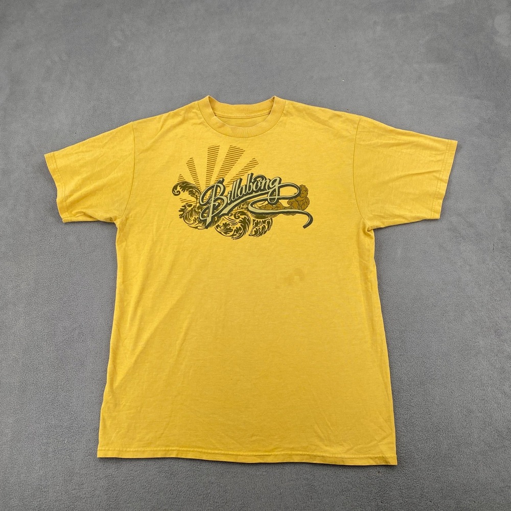 Billabong Mens Graphic T-Shirt Yellow Y2K Grunge Surf Wave Logo Tee Large